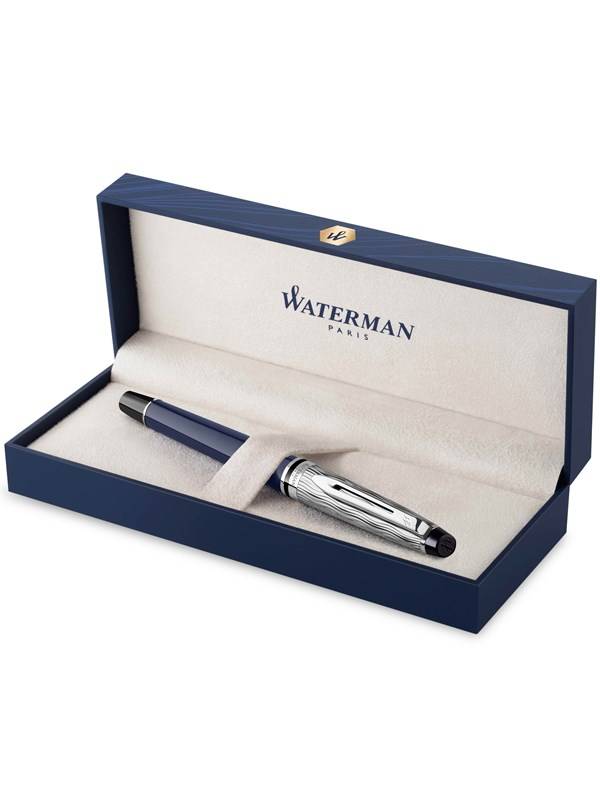 Waterman Expert Reservoarpenna | Metall & Blå lack | Mejslad mössa | Medium spets i rostfritt stål | Blått bläck | Presentförpackning