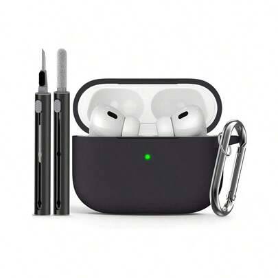 1 st silikonskyddsfodral i enfärgat, kompatibelt med /Pro 3, skyddsfodral för Bluetooth-hörlurar med karbinhake och rengöringsborste - Svart (AirPods1/2,AirPods Pro,AirPods 3,AirPods Pro (2nd generation),AirPods 4,AirPods Pro 3)
