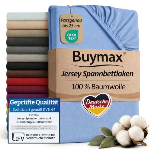 Buymax Spannbettlaken 90x200cm Baumwolle 100% Spannbetttuch Bettlaken Jersey, Matratzenhöhe bis 25 cm, Farbe Hellblau