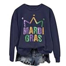 Damtröjor karneval sweatshirt silver 2025 gåva Mardi kvinnors bokstavstryck rund hals långärmad topp paljettkappa, Marinblått Xsp, S