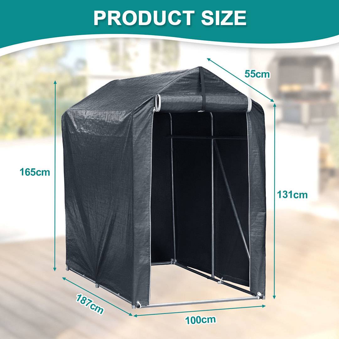 Bicycle Garage 187x165x100 Cm/218x157x166 Cm, Storage Tent Made Of 160g Pe Tarpaulin, Shed With Galvanized , Uv Protection, And Zippered Door, For 2 Bicycles Or 1 Motorcycle, Gray