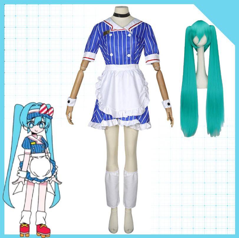 Anime Mesmerizer Striped Maid Dress Apron Cosplay Costume Full Set with Wig for Halloween Christmas Carnival Party cm