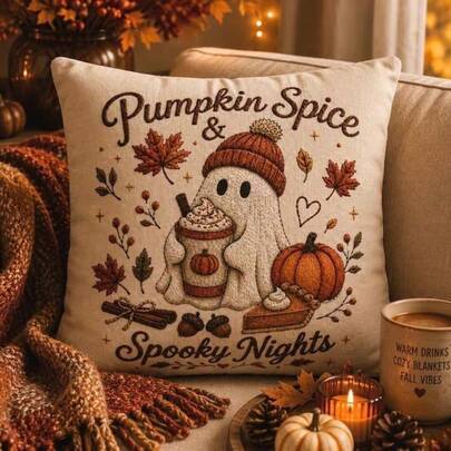 1/2/4 st Pumpkin Spice & Spooky Nights Halloween-kuddfodral för hösten, 18x18 tum, beige höstkuddfodral med falsk broderad spökpumpa, mysig farmhouse- - Orange (2 st 45 cm * 45 cm,4 st 45 cm * 45 cm,1 styck 45 cm * 45 cm)