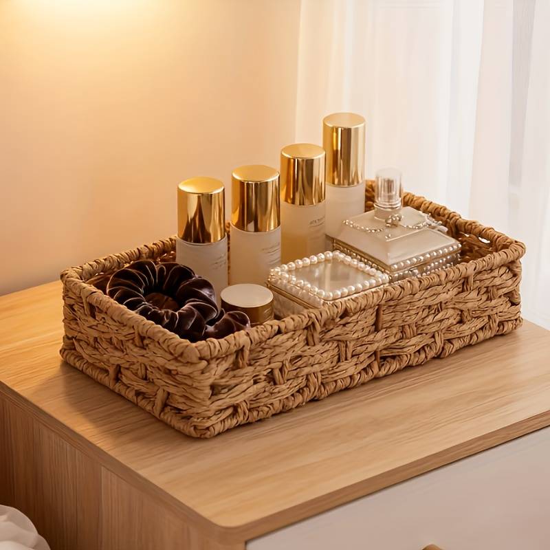 A Large Rectangular Woven Storage Basket, Perfect For Christmas Beauty Gifts And Daily Vanity Organization
