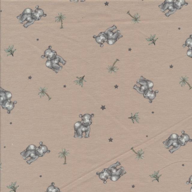Bomuldsjersey beige med små grå flodheste.