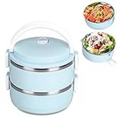 lunchlåda,Termos för varm mat, termisk matlåda Stapelbar varm mat isolerad låda 304 rostfritt stål rund matlåda förseglade matbehållare(Double Layer Blue)