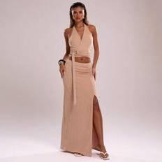 2st/Set Dam Aprikos Wrap Design Metalldekoration Sexig Djup V-hals Halter Stickad Väst & Låg midja lång kjol Kostym, Resort Outfit för vår/sommar - Kamel (L,M,S,XL,XS,XXL,XXS,XXXL,XXXXL)