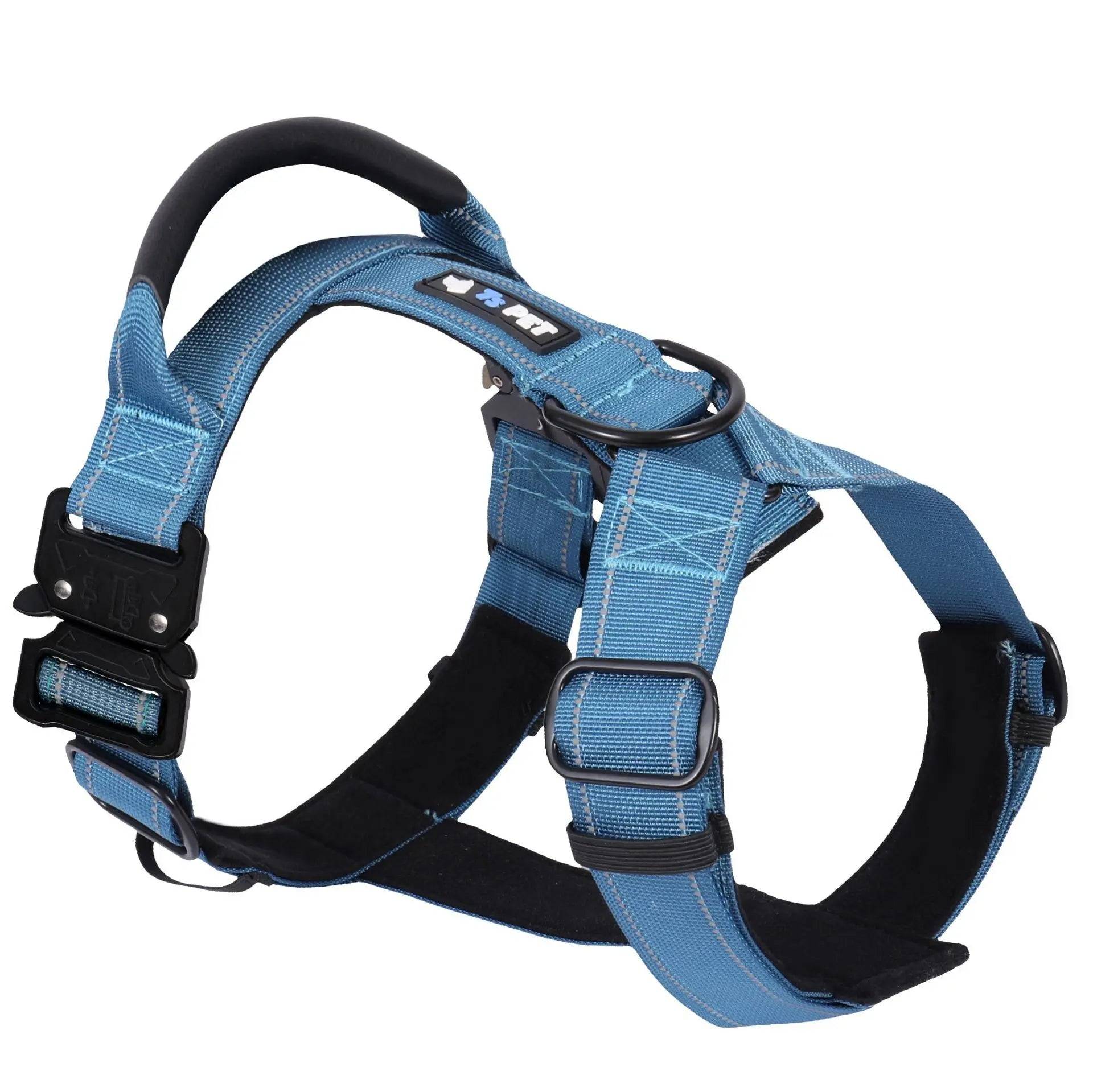 Y-Shaped No-Pull Dog Harness with Leather Handle — Soft Padded, Metal Buckles & Adjustable Fit - Blue / S (S)