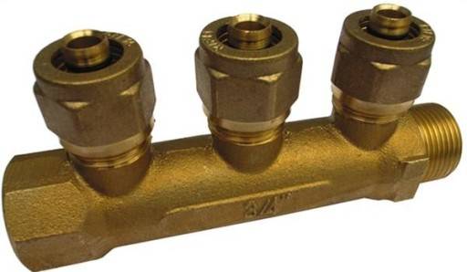 Fordelerrør 3/4", fast muffe, 3 afgreninger med 15 mm omløber