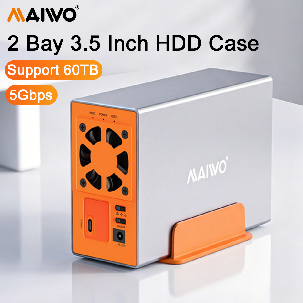 MAIWO Dual-Bay 3.5 Inch SATA HDD Case for 2.5/3.5 Inch HDD Support 60TB Capacity USB Type-C External Hard Drive Docking Station