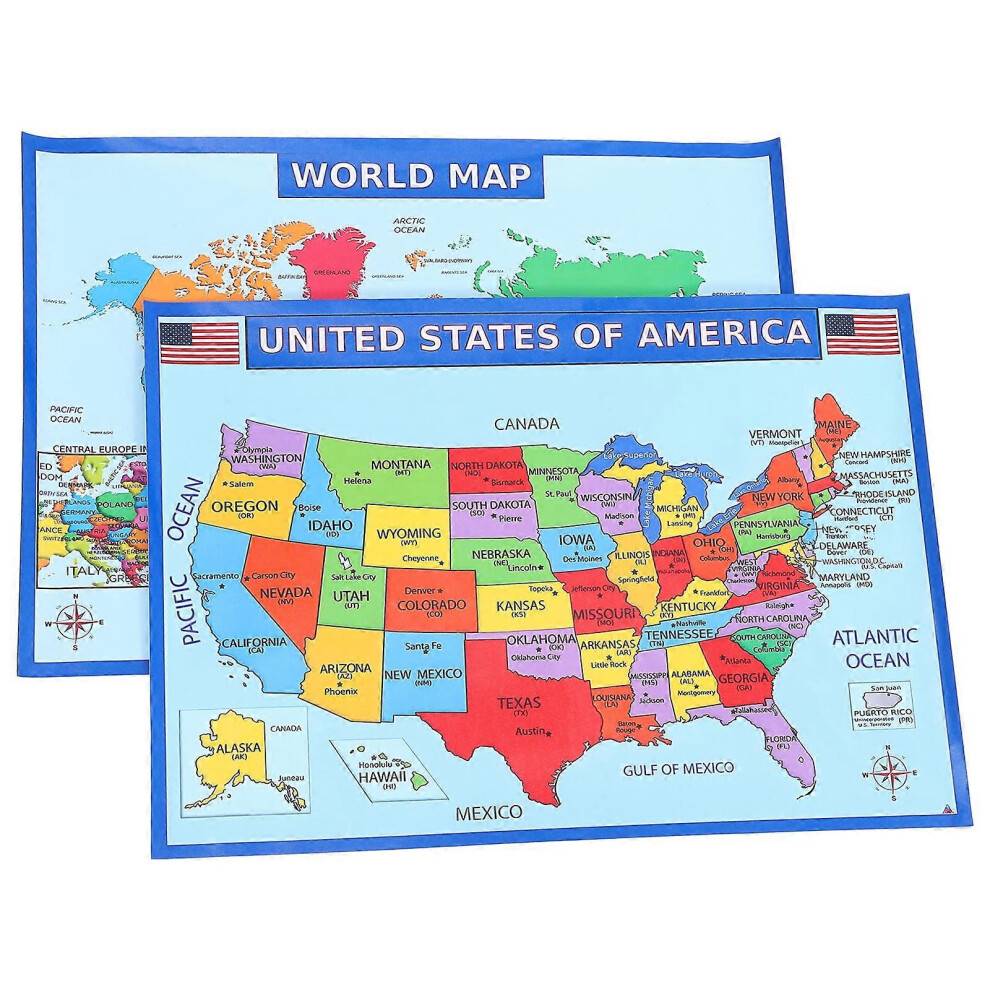 USA och världskarta Affisch Utbildningsgeografi Väggkonst för klassrum och hem, ljus design med skrivbar och suddbar yta för lärande och