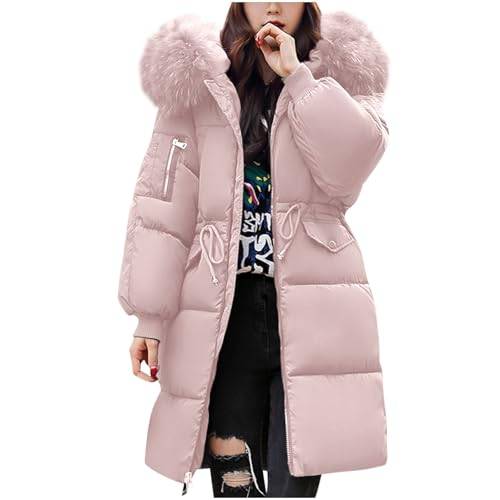 Vinterjackor för kvinnor UK quiltad dunjacka med lång längd för damer lätt vattentät jacka med pälshuva plus size smal trenchcoat varm ytterkläder enfärgad hel dragkedja parkas kappa för kvinnor, Rosa