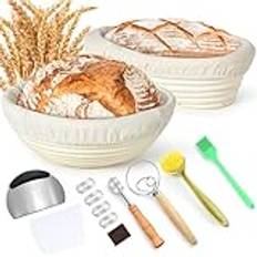 Votoko Brödjäskorgsset, jäskorgar för brödbakning, 23 cm rund och 25 cm oval brödkorg av naturlig rotting, inklusive visp, degskrapa, silikonborste, bagarkniv, för hem och professionell