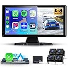 4K backkamera 4 kameror set med trådlös Carplay Android Auto, 10,36" monitor 4 delade skärmar, Bluetooth/FM-sändare/Loop Video/WiFi-video/parkeringsplatsskärm för lastbil/buss/van/husvagn