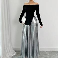 Off-shoulder-design med slits, metallisk glans, smal långklänning Maxi-klänning för kvinnor - Svart (L,M,S,XL)