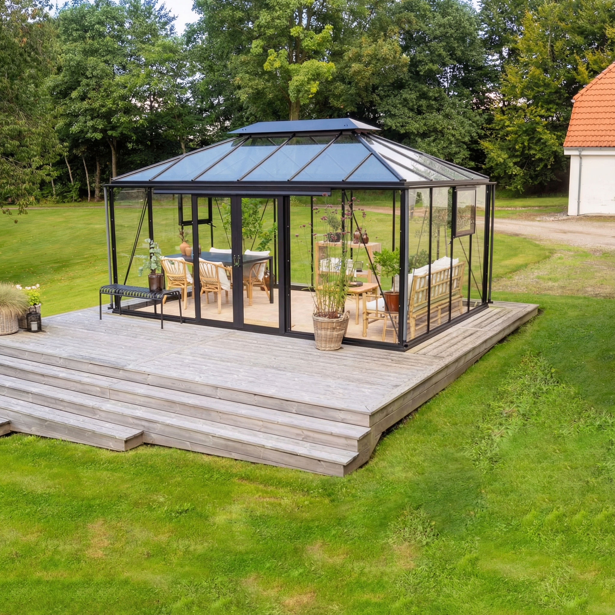 Drivhus Royale Cube 14.5 m² 2.0 - Ral 9005 sort / 4 mm. hærdet helbaneglas komplet / Dobbelt skydedøre med lås (uden sprosser)