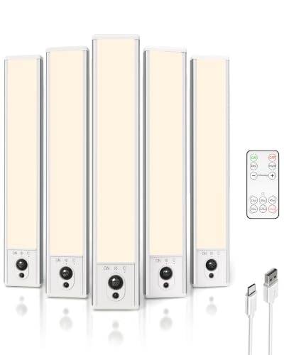 EZVALO Skåpbelysning 23 cm med fjärrkontroll och rörelsedetektor, 2400 mAh uppladdningsbar LED-bottenlampa kök, 3500 K underskåpsbelysning för garderob, kök, trappor (5 stycken)