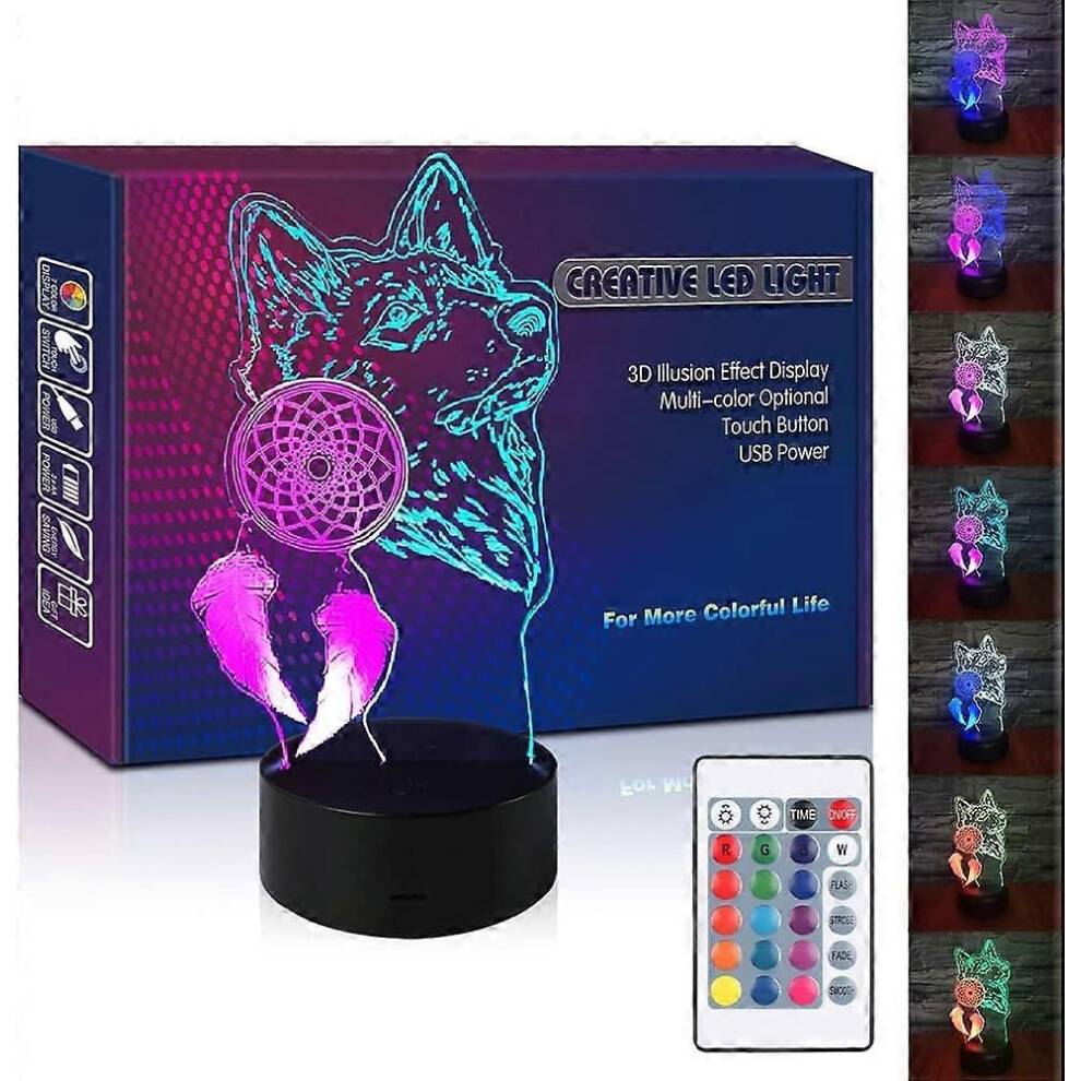 Wolf Dream Catcher Nattlampa LED 3D Illusion Dreamcatcher Fjärrkontroll Lampa USB Födelsedagspresent