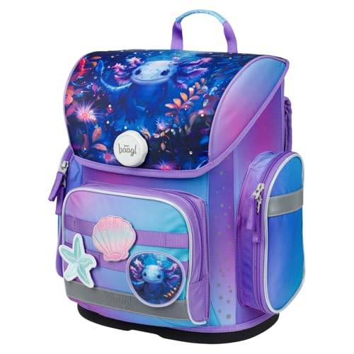 Baagl Schulranzen Mädchen für 1. Klasse, Ergo Schultasche Grundschule, Leichter Kinder Ranzen Tornister Schulrucksack mit Brustgurt (Axolotl)
