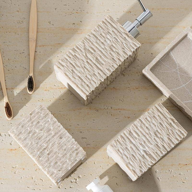 Modern Tvåldispenser och Tandborstkopp Badrumsset med Naturligt Stenmönster För Spa Hotell Badrumsorganisation beige