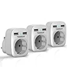 TESSAN 3-pack reseadapter brittisk adapter England Tyskland kontakt med 2 USB, uttagsadapter resekontakt strömadapter för Irland Storbritannien vägg laddare laddningsstation, adapter uttag