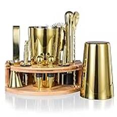 Quilamix 12 delar cocktail shaker set med snyggt bambustativ, 20 oz bartenderkit för blandad dryck, professionellt rostfritt stål bar verktygsset, present till män pappa – cocktailrecept häfte (guld)