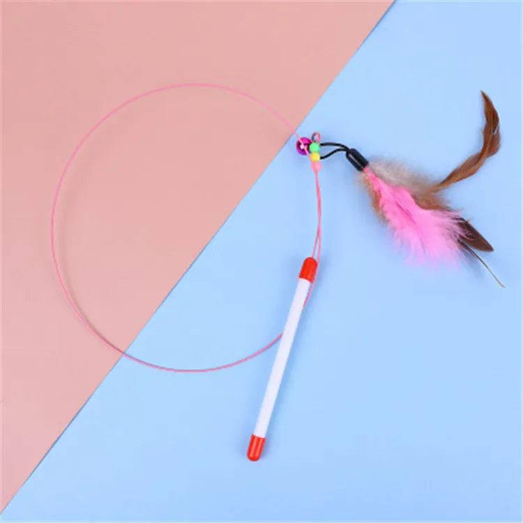 Interactive Feather Wand Cat Toy - Wire Teaser Stick - pink