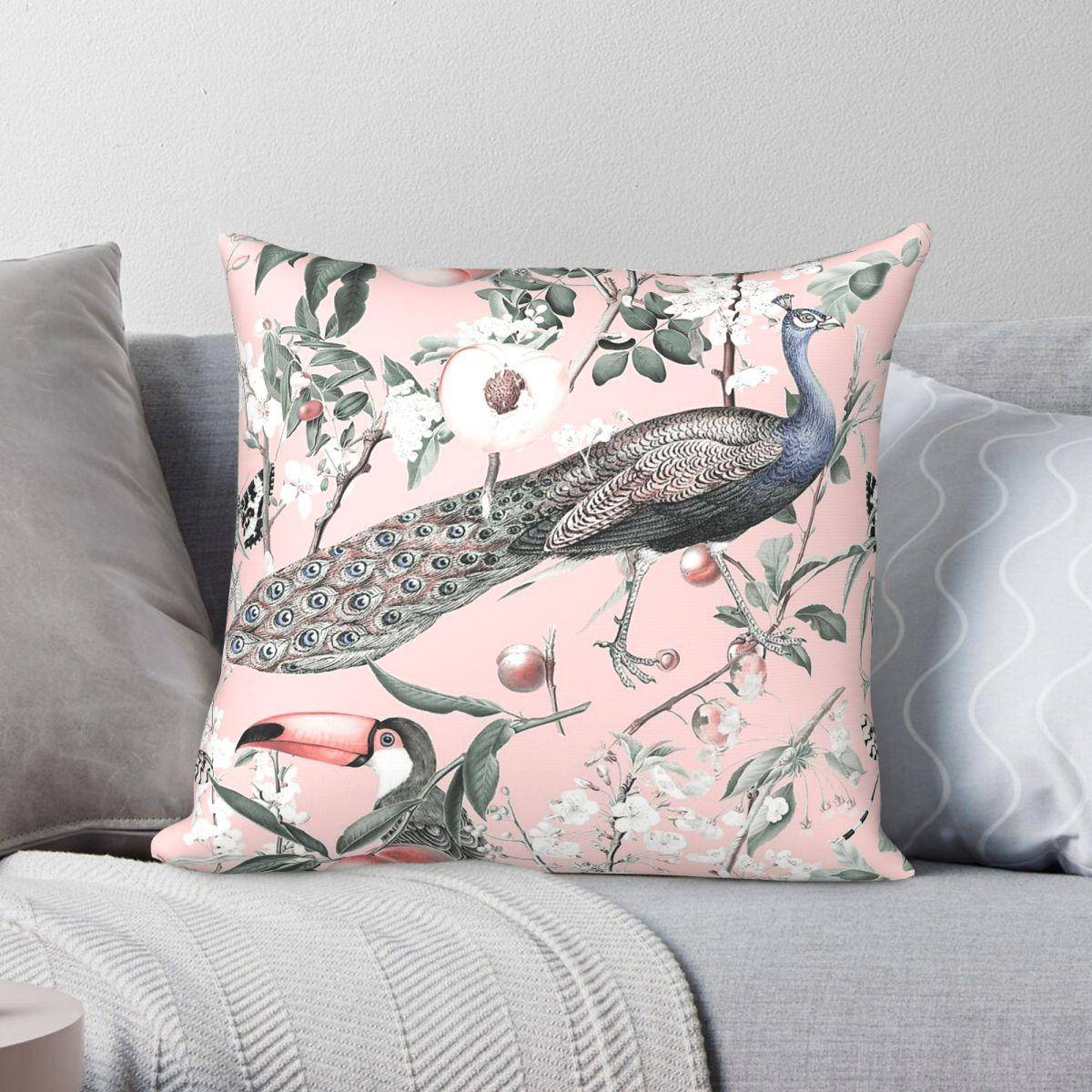 Chic Chinoiserie Påfågel Fyrkantigt Kuddfodral Polyester Linne Sammet Tryckt Dragkedja Dekor Kudde Överdrag Hem Kuddeöverdrag white