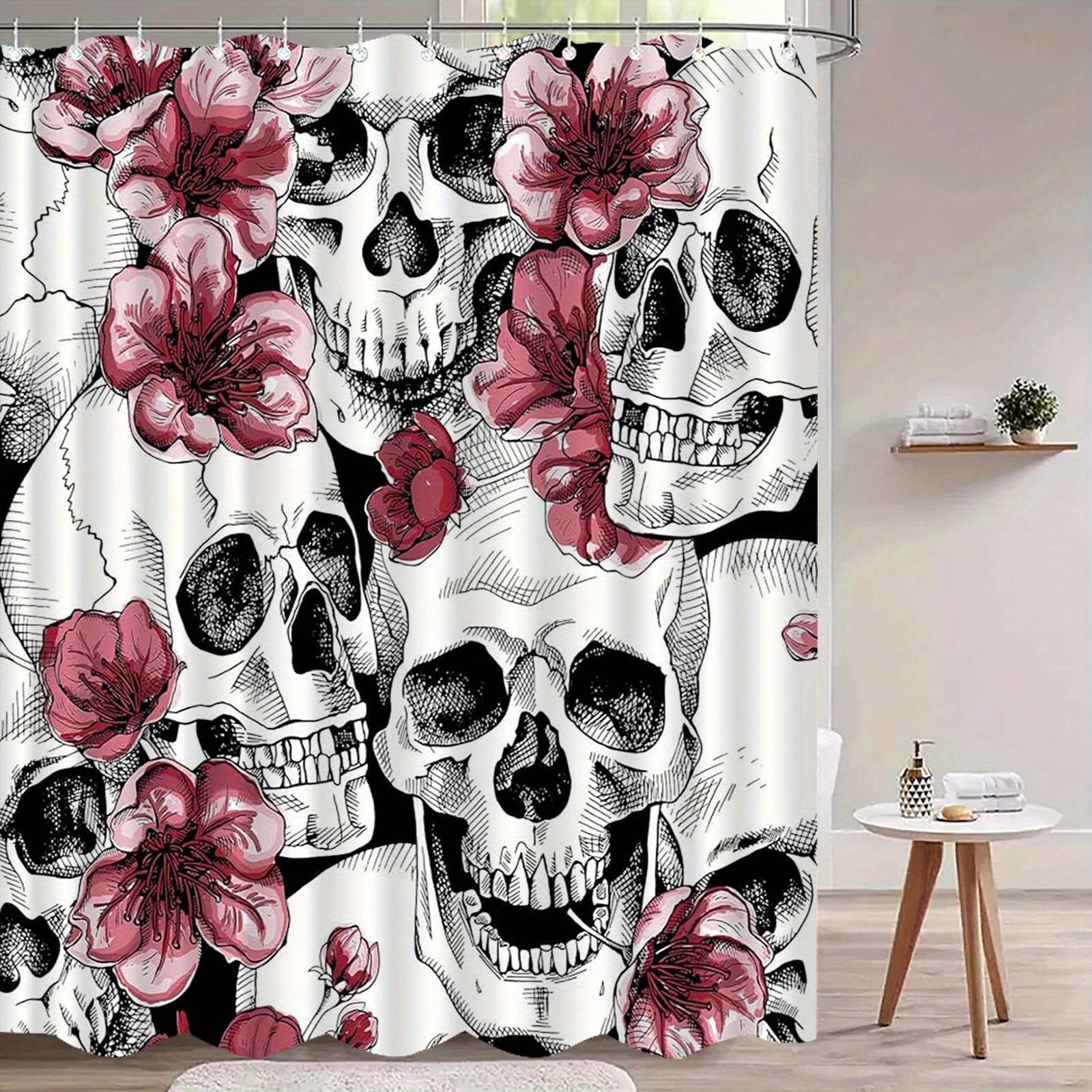 Gotisk Blommig Skalle Duschdraperi Med Krokar - Maskintvättbar Polyester Badrumsinredning, Svart Vit Rosa Konstdesign