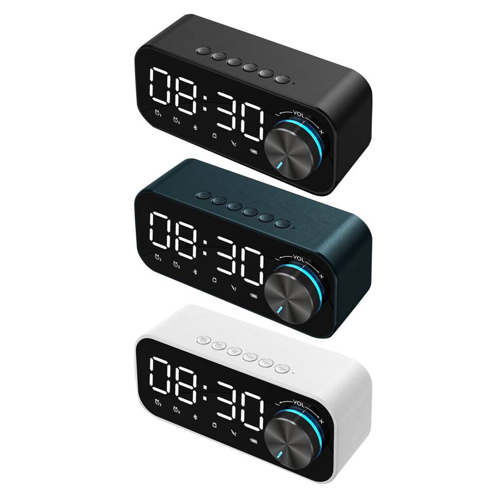 Brugerdefinerbart vækkeur med FM-radio, sleeptimer, Bluetooth-højttaler, vækkeur med dobbelt alarmtilstand, lysstyrkejustering og batteribackup.