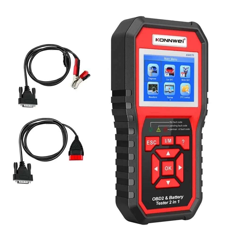 KONNWEI KW870 – OBD2/EOBD/CAN diagnosskanner + batteritestare för universella 12V-bilar (6V/12V batterier)