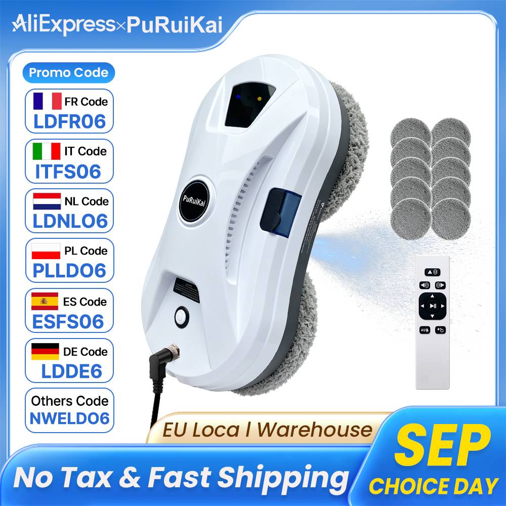 PuRuikai Automatic Window Cleaning Robot, Window Cleaner Robot Auto Spray, 5600Pa Suction, Remote Control, Edge Detection