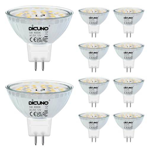 DiCUNO LED-lampa GU5.3 MR16 5W, neutralvit 4000K, ej dimbar, 12V LED-lampor Spot GU 5.3, Halogen motsvarande 50W, 500LM, Strålvinkel 120 °, 10 st