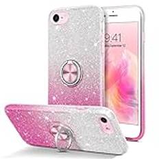 DOMAVER Glitterfodral för iPhone 8, mobiltelefonfodral iPhone SE 2020/2022 fodral med 360 graders ringhållare, iPhone 7 fodral, TPU silikon, stöttålig, reptålig kristallskyddsfodral, gradient rosa