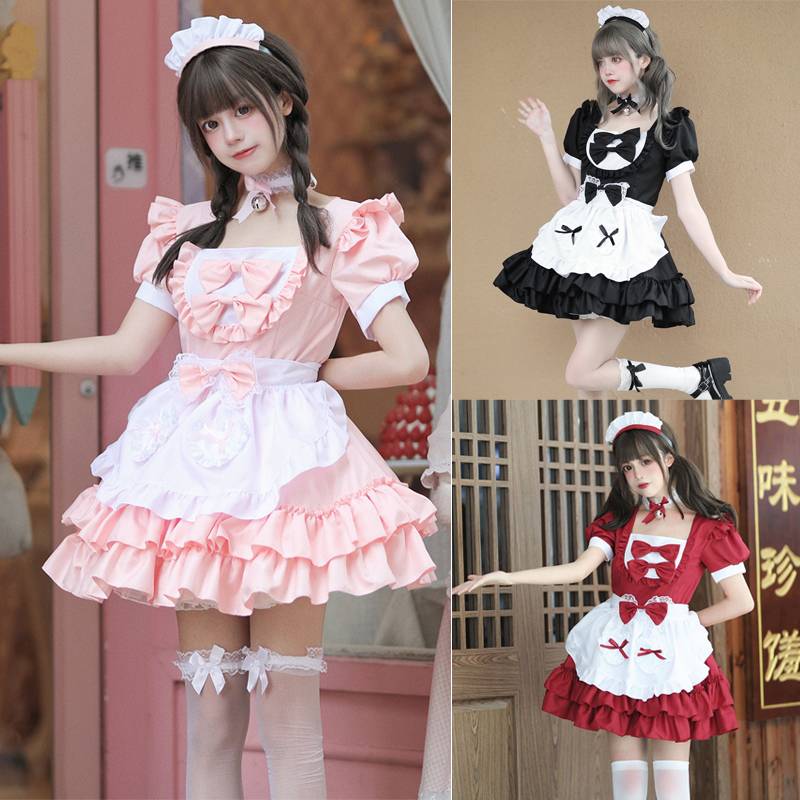 Halloween Lolita Maid Dress Stage Performance Uniform Large Size Japanese Student Dress Apron Headwear Sets For Holiday Party
