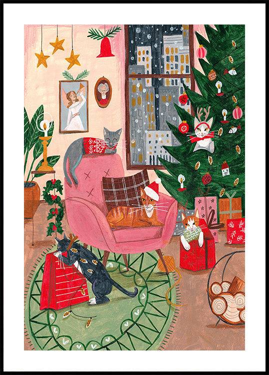 Christmas Cats in NY Poster (30x40cm) - Plakater > Djur Posters, Barnväggskonst, Illustrationsposters, Vinter Posters, Humoristiska Posters, Jule Pos