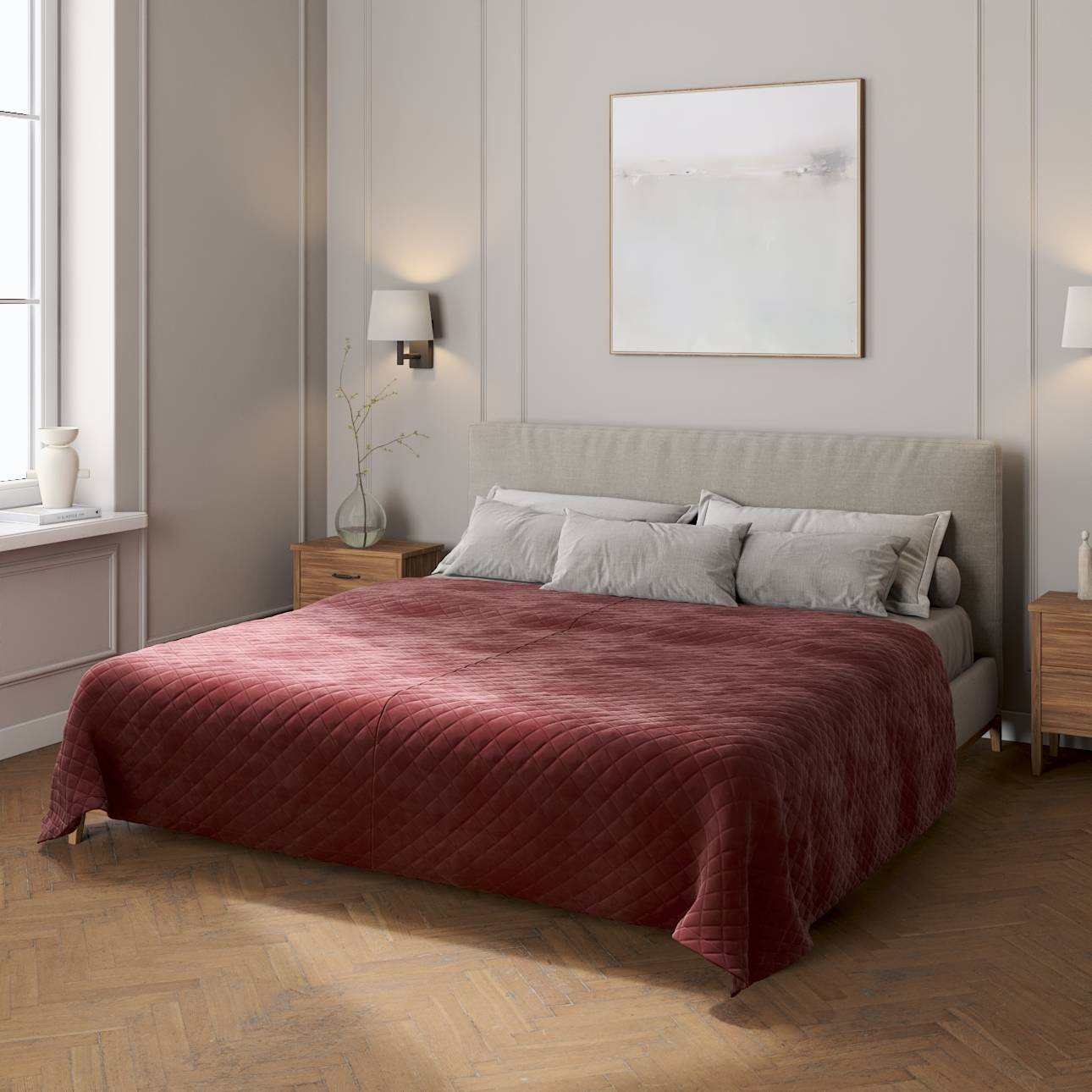 Sengetæppe quiltet<br/>i rombe i volour, Bordeaux, Velvet