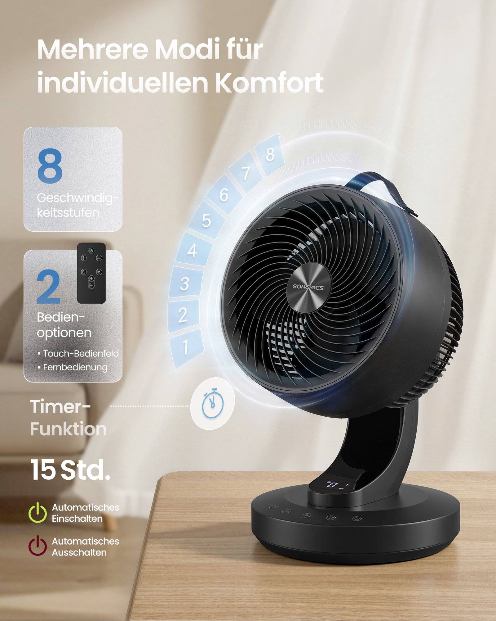 Bordsfläkt, tyst fläkt 20 dB, LED-display, fjärrkontroll, effektiv kylning, bläcksvart