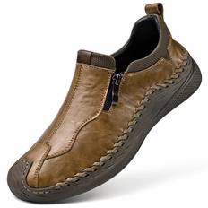 Mens Moccasin Retro Leather Shoes Men Loafers Handmade Casual Leather Shoes Moccasins Men Flats Shoes 46 khaki