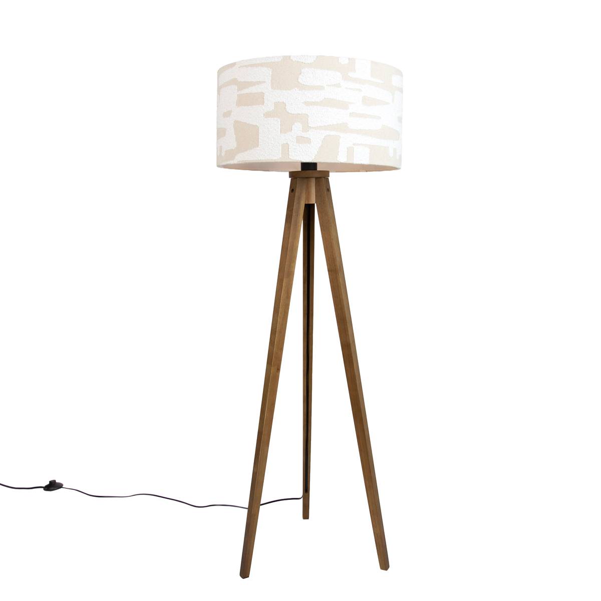 Gulvlampe i træ med beige og hvid stribet skærm 50 cm - Tripod Classic
