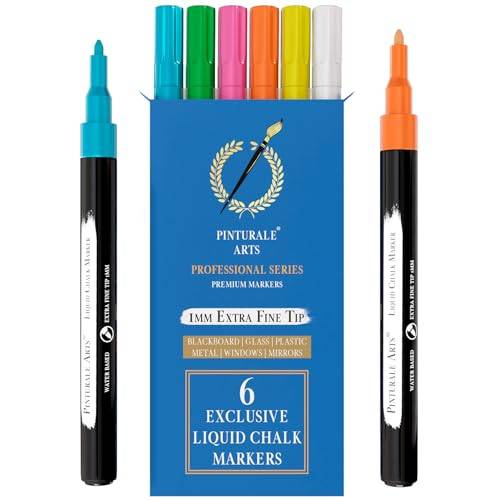 Pinturale Arts® Set med 6 kritmarkörer med extra fin spets | 1 mm spets | Flytande kritmarkörer fin spets | för fönster, svart tavla, torraderingsbräda, svarta tavlor, glas