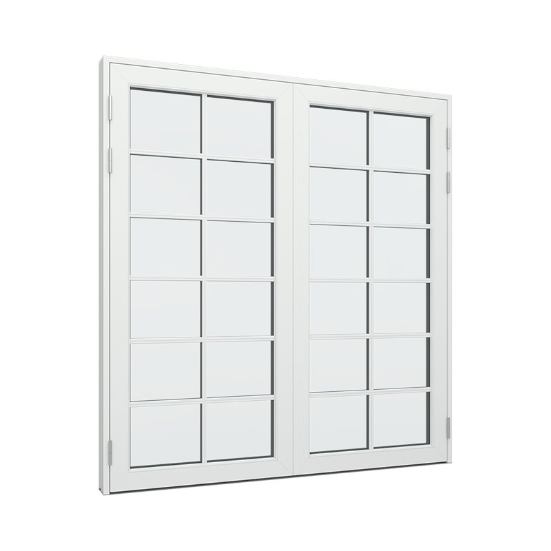 Dobbelt terrassedør med 2x6 glasfelter i hver dør.