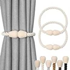 Pretty Jolly 2 Pack Wooden Magnetic Curtain Tiebacks Elegant Boho Home Decoration Drape Tie Backs Natural Cotton Handmade Rope Curtain Holdbacks for Home & Office Window Drapery (Beige)