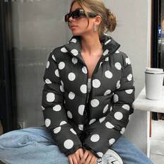 Polka Dots Printed Zip Through Down Coat Polka Dot Puffer Cropped Puffer Jacket Womens Puffer Jacket - Black and White - L,M,S,XL
