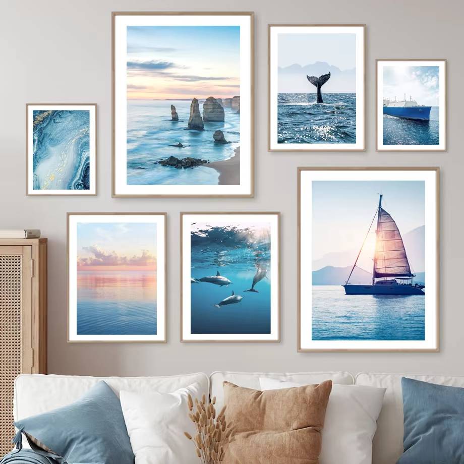 Tourist Sunset Beach Sailing Whale Dolphin Wall Art Canvas Painting Nordic Poster Prints Living Room Home Decoration Mural