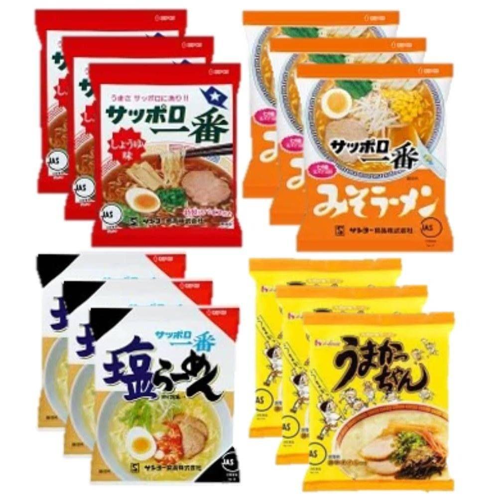 Sapporo Ichiban Populära Ramen Smak Jämförelseset Totalt 12 Portioner (Sojasås Miso Salt Tonkotsu 3 påsar vardera) Sortiment