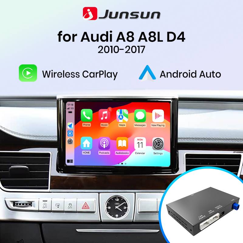 Junsun OEM Screen Upgrade Decoder Box Wireless CarPlay Android Auto Interface Adapter For Audi A8 2010-2017 MMI 3G Bluetooth MirrorLink AirPlay GPS Navigation Keep Original Vehicle Functions Supports