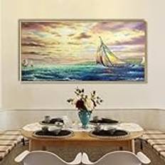 ZHUOYA Stor solnedgång sjölandskapsduk, oljemålning, blå, abstrakt, hav, segelbåt, texturerat landskap, heminredning, 40 x 80 cm, ramlös