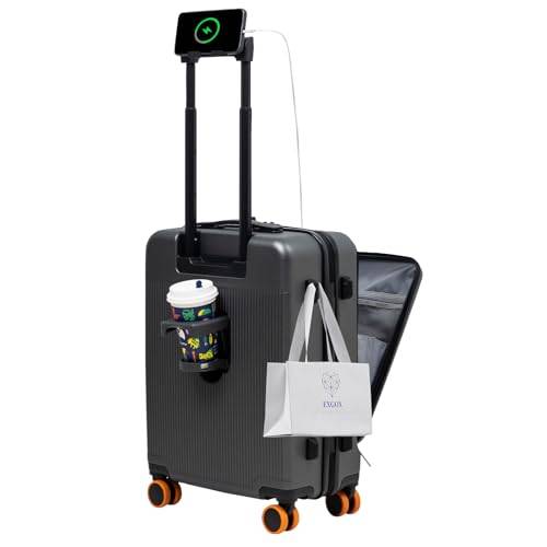 HUIDA TECH Handgepäckkoffer 20 tum med laptopfack, lätta resväskor med hårt skal och TSA-lås, handbagage med svängrulla, USB-laddare & dryckshållare, GRÅ