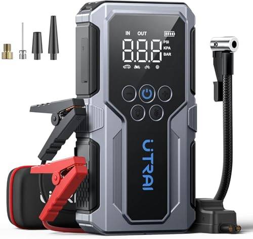 UTRAI Starthilfe Powerbank für Pkw 4500A, 15000mAh Booster Auto Starthilfe mit Kompressor, 18W Schnellladung, Taschenlampe, Zwangsstart, Jump Starter Bis zu 8.5L Benzin, 6.5L Dieselmotor